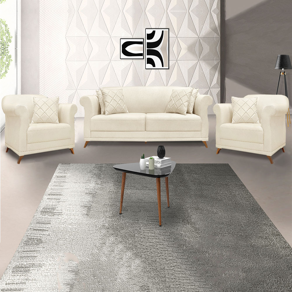 Kit 2 Poltronas e Sofá Living 2 Lugares 1,60m Vênus Linho Natural Pés Castanho - Pallazio