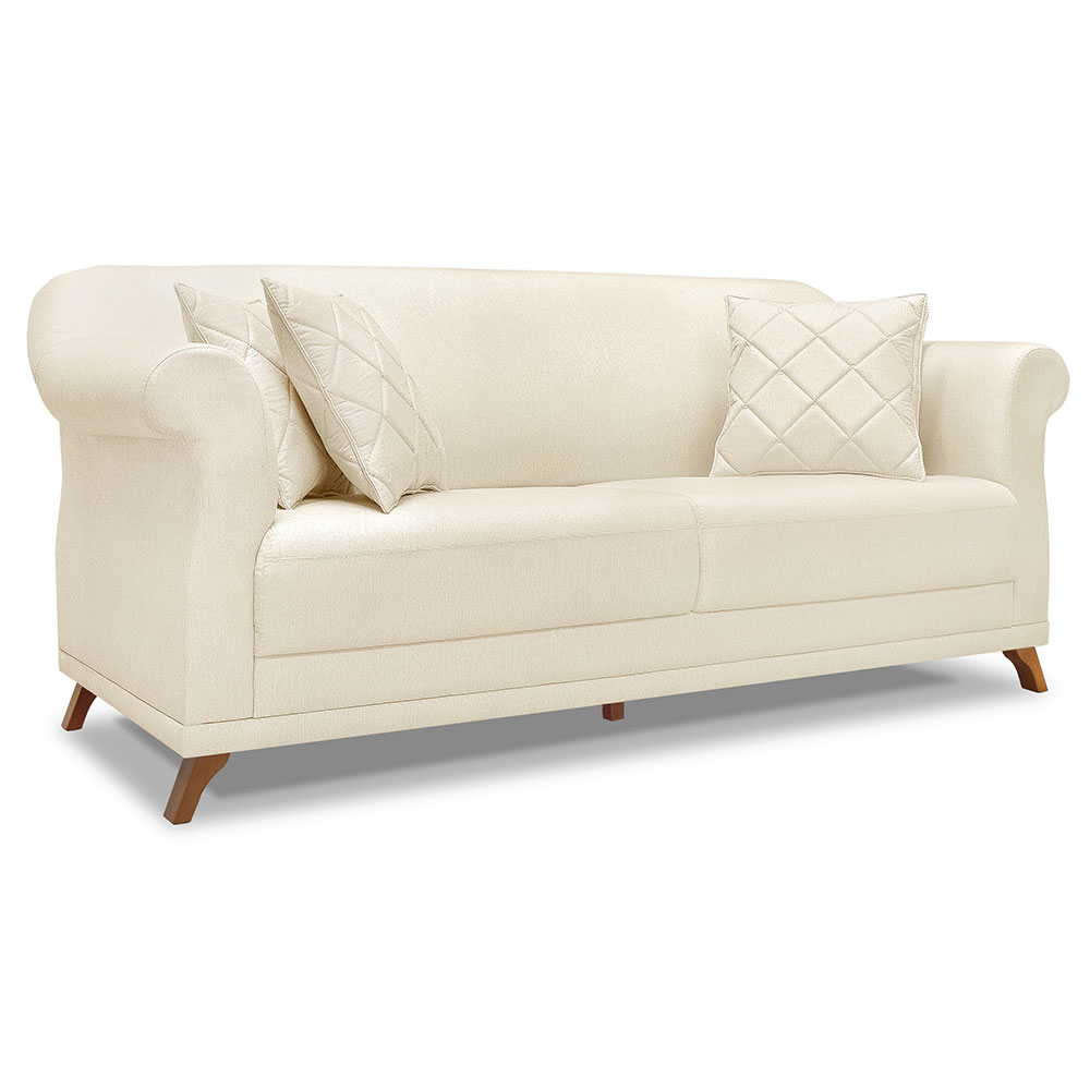Kit 2 Poltronas e Sofá Living 2 Lugares 1,60m Vênus Linho Natural Pés Castanho - Pallazio