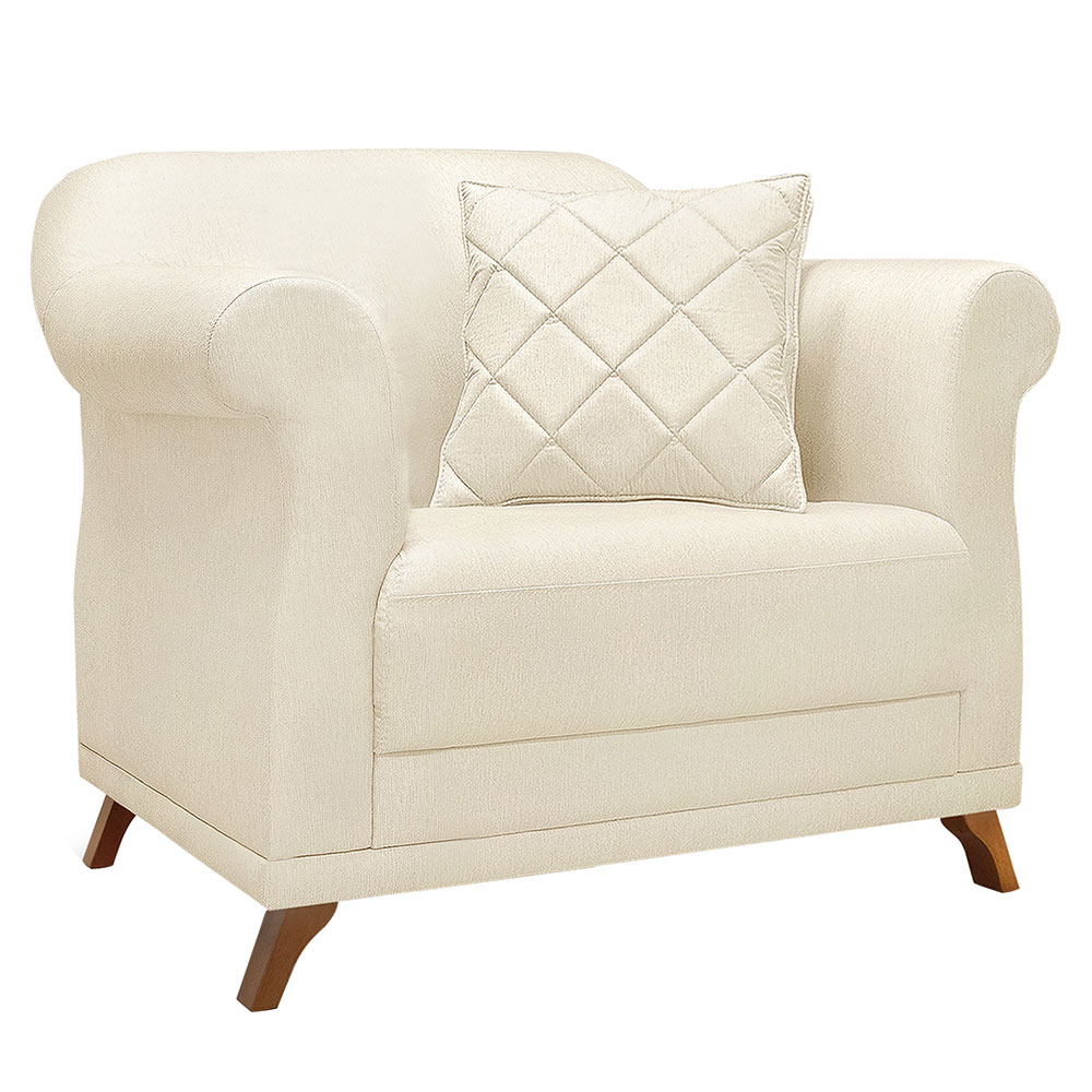 Kit 2 Poltronas e Sofá Living 2 Lugares 1,60m Vênus Linho Natural Pés Castanho - Pallazio