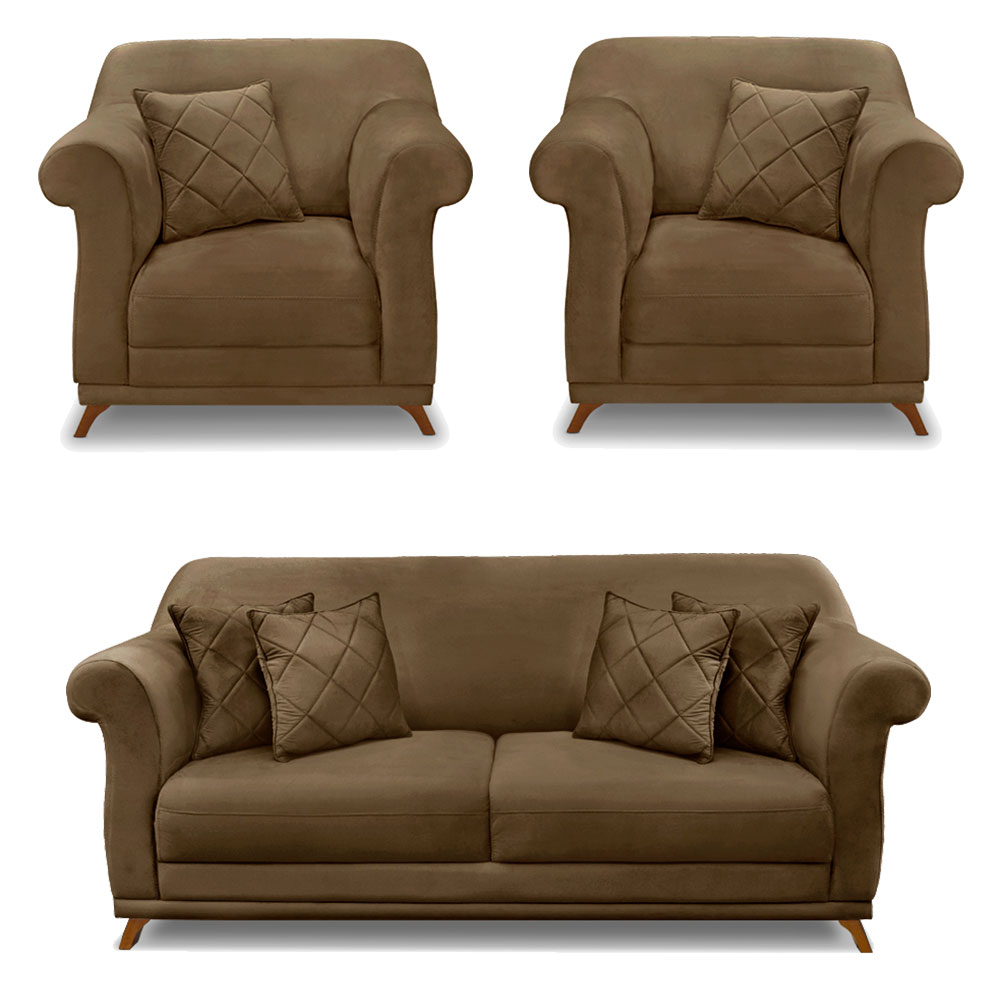Kit 2 Poltronas e Sofá Living 2 Lugares 1,60m Vênus Suede Caramelo Pés Castanho - Pallazio