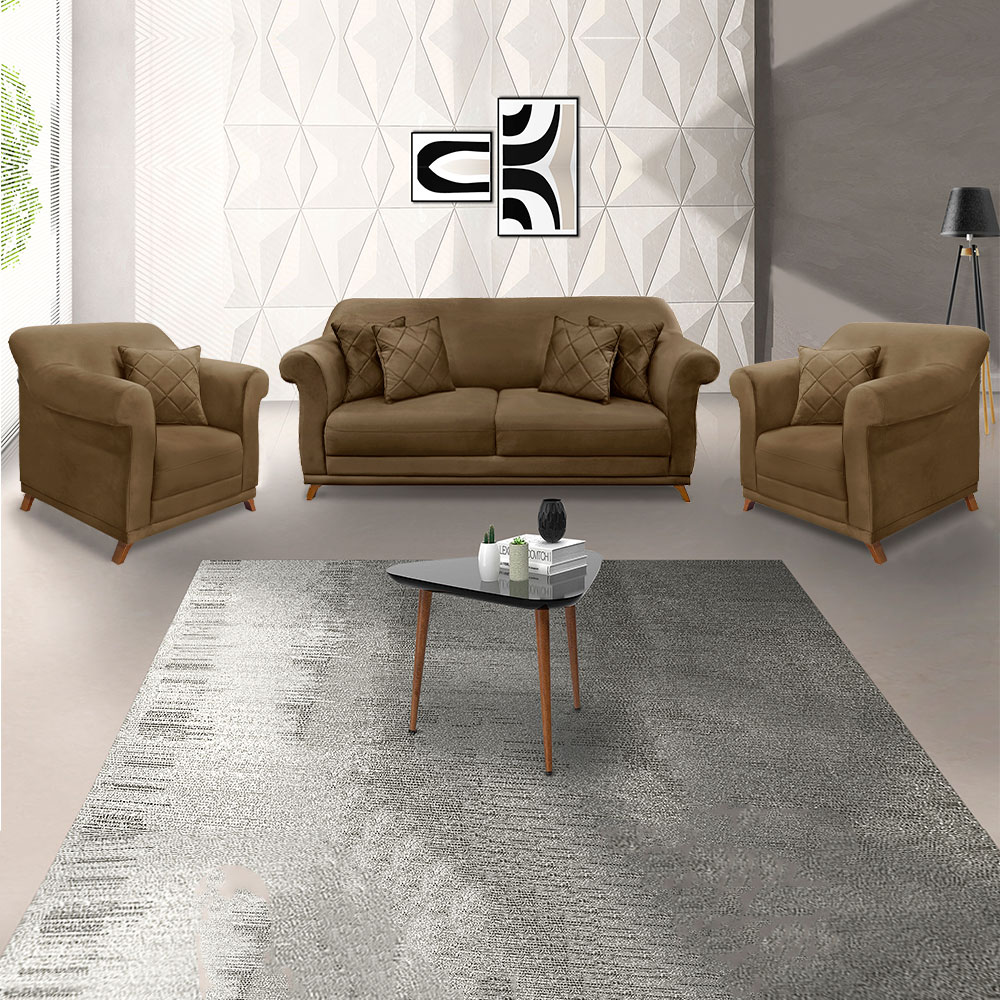 Kit 2 Poltronas e Sofá Living 2 Lugares 1,60m Vênus Suede Caramelo Pés Castanho - Pallazio