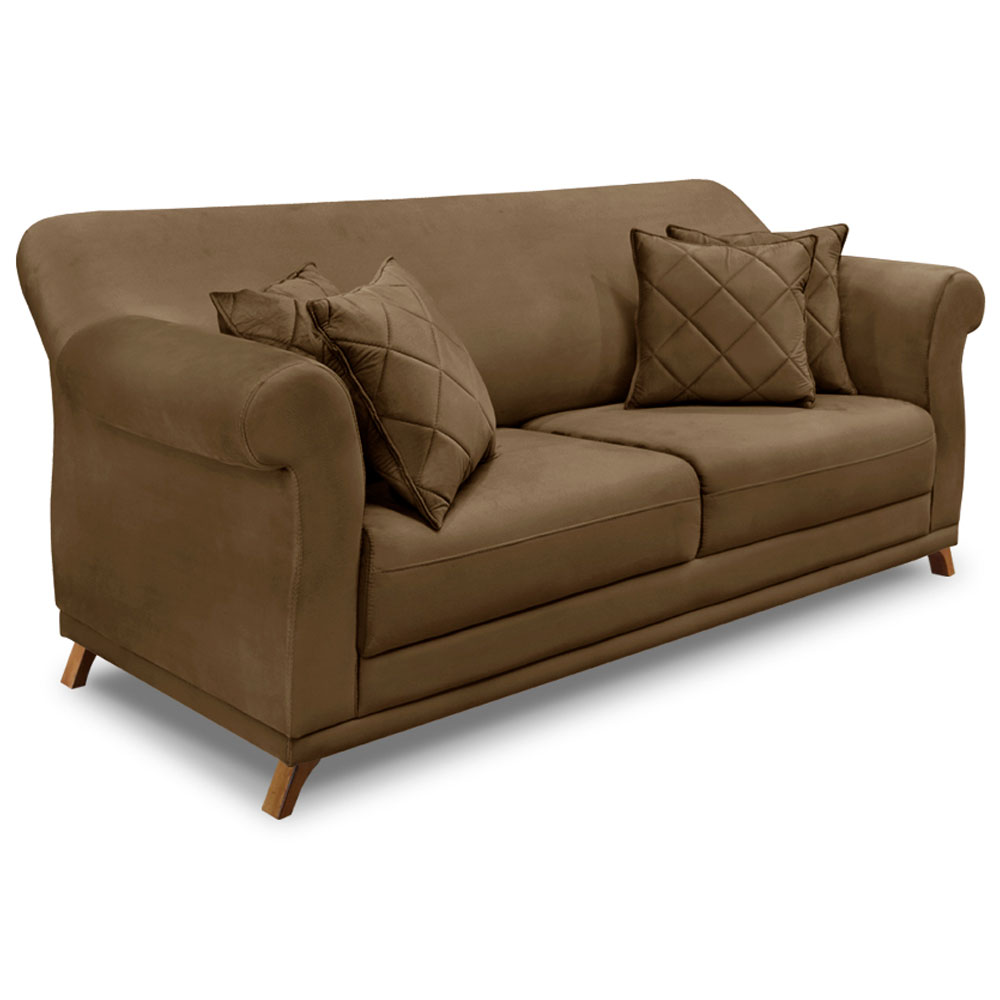 Kit 2 Poltronas e Sofá Living 2 Lugares 1,60m Vênus Suede Caramelo Pés Castanho - Pallazio