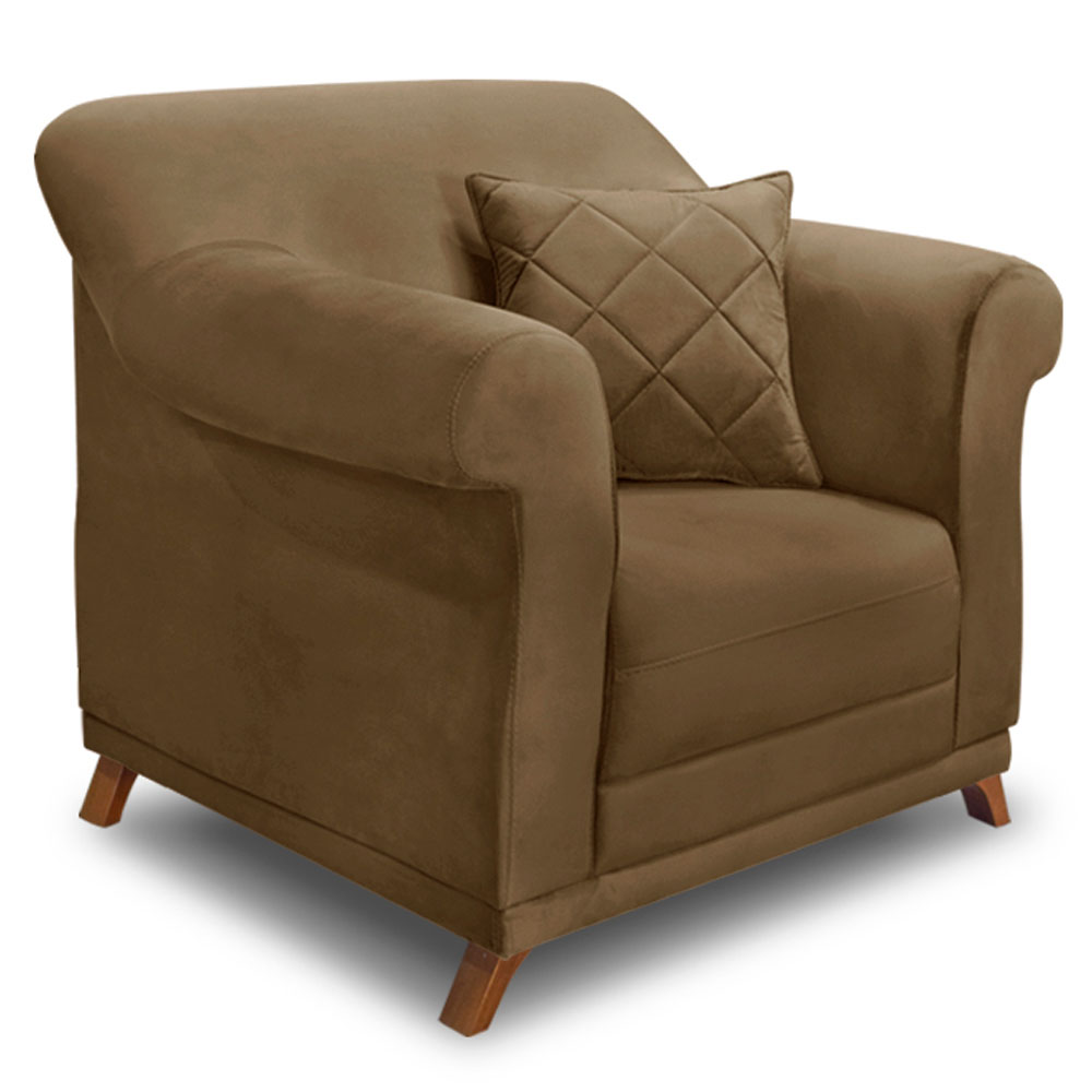 Kit 2 Poltronas e Sofá Living 2 Lugares 1,60m Vênus Suede Caramelo Pés Castanho - Pallazio