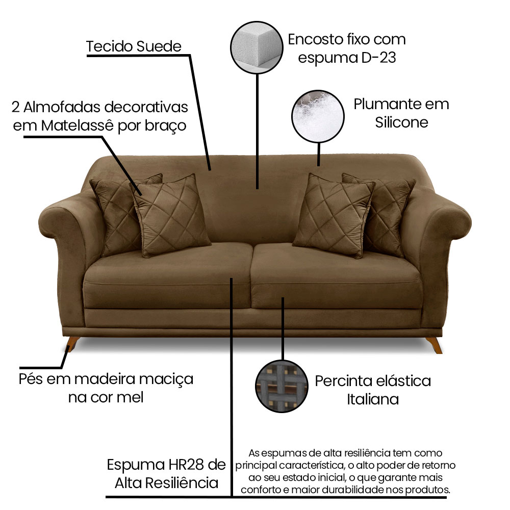 Kit 2 Poltronas e Sofá Living 2 Lugares 1,60m Vênus Suede Caramelo Pés Castanho - Pallazio