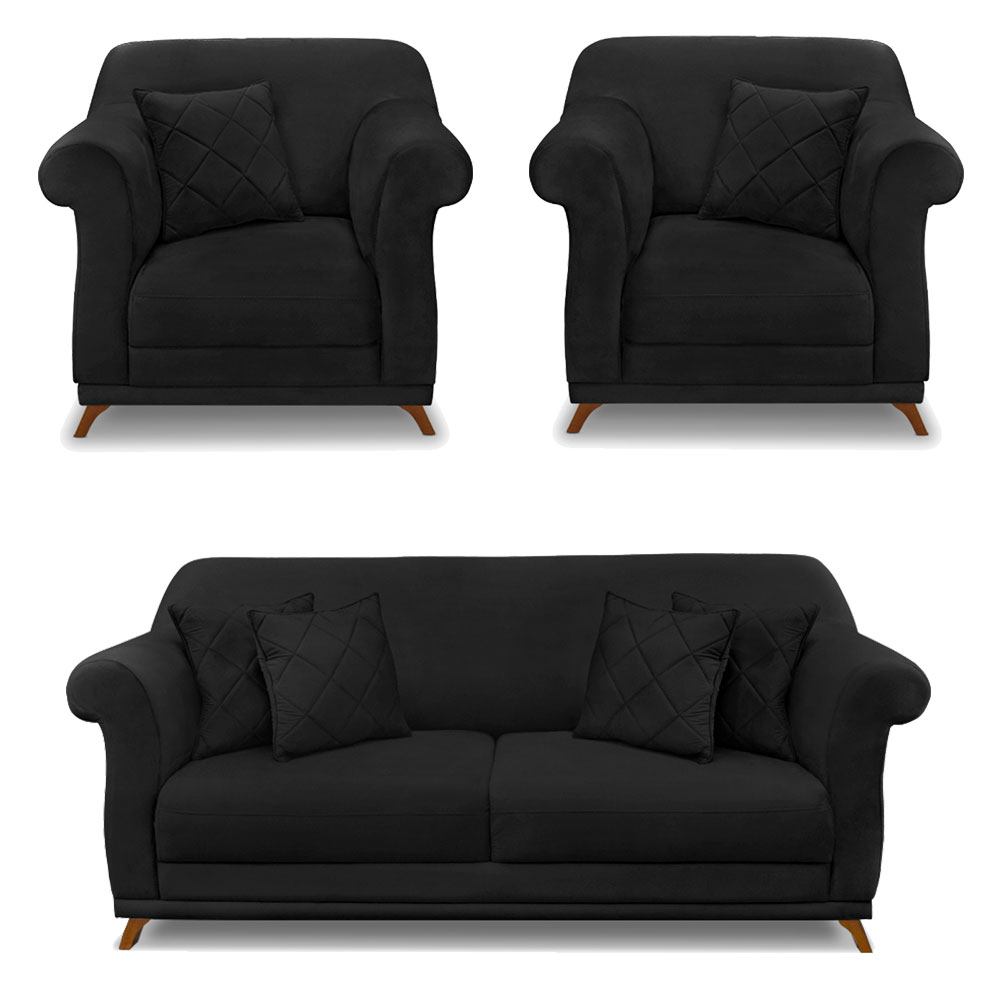 Kit 2 Poltronas e Sofá Living 2 Lugares 1,60m Vênus Suede Preto Pés Castanho - Pallazio