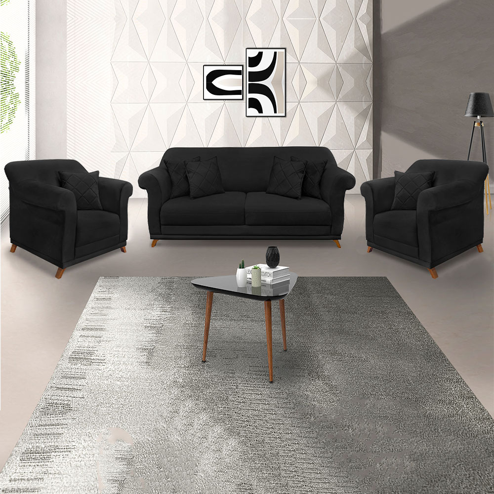 Kit 2 Poltronas e Sofá Living 2 Lugares 1,60m Vênus Suede Preto Pés Castanho - Pallazio