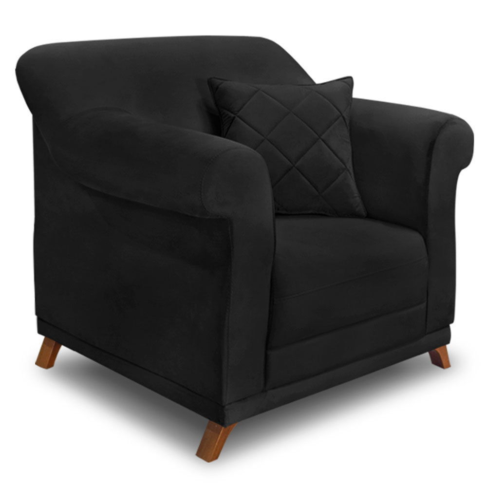 Kit 2 Poltronas e Sofá Living 2 Lugares 1,60m Vênus Suede Preto Pés Castanho - Pallazio