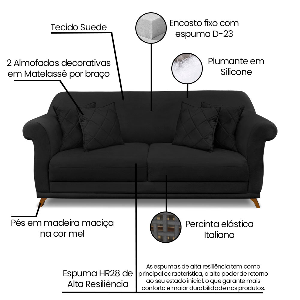 Kit 2 Poltronas e Sofá Living 2 Lugares 1,60m Vênus Suede Preto Pés Castanho - Pallazio