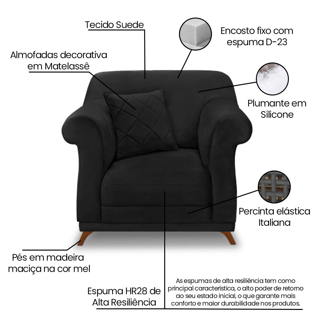 Kit 2 Poltronas e Sofá Living 2 Lugares 1,60m Vênus Suede Preto Pés Castanho - Pallazio