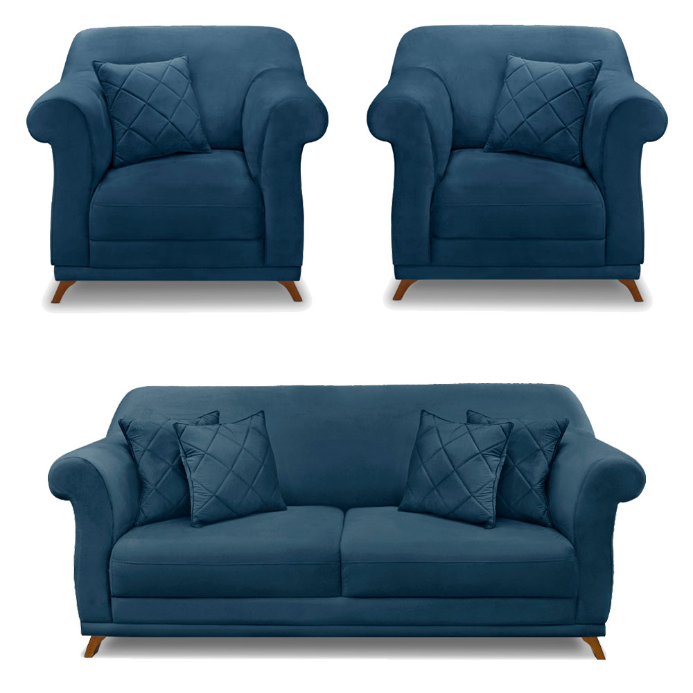 Kit 2 Poltronas e Sofá Living 2 Lugares 1,60m Vênus Veludo Azul Marinho Pés Castanho - Pallazio
