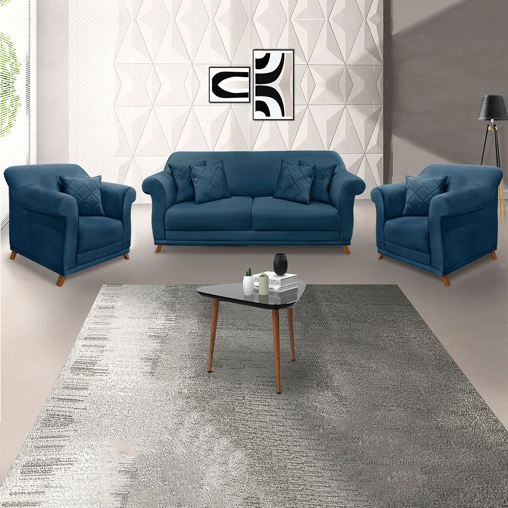 Kit 2 Poltronas e Sofá Living 2 Lugares 1,60m Vênus Veludo Azul Marinho Pés Castanho - Pallazio