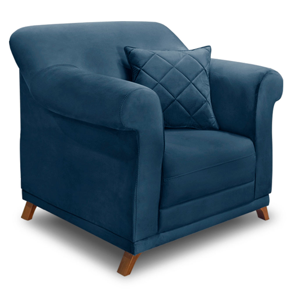 Kit 2 Poltronas e Sofá Living 2 Lugares 1,60m Vênus Veludo Azul Marinho Pés Castanho - Pallazio