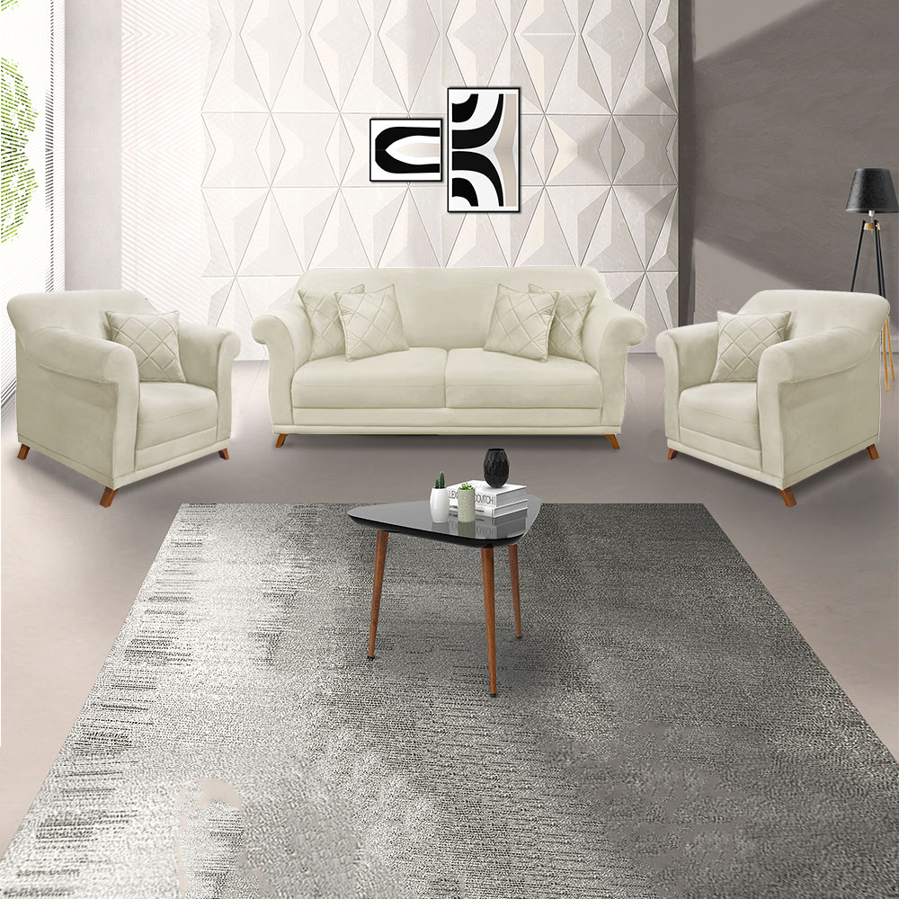 Kit 2 Poltronas e Sofá Living 2 Lugares 1,60m Vênus Veludo Bege Pés Castanho - Pallazio