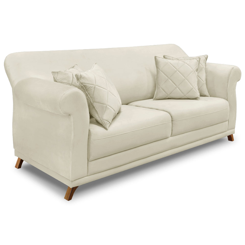 Kit 2 Poltronas e Sofá Living 2 Lugares 1,60m Vênus Veludo Bege Pés Castanho - Pallazio