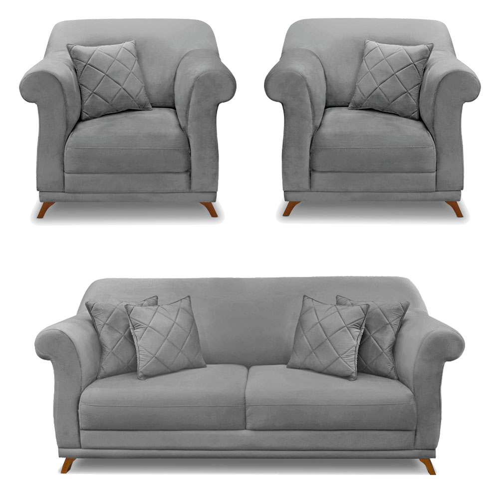 Kit 2 Poltronas e Sofá Living 2 Lugares 1,60m Vênus Veludo Cinza Grafite Pés Castanho - Pallazio