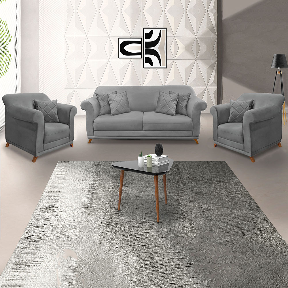 Kit 2 Poltronas e Sofá Living 2 Lugares 1,60m Vênus Veludo Cinza Grafite Pés Castanho - Pallazio