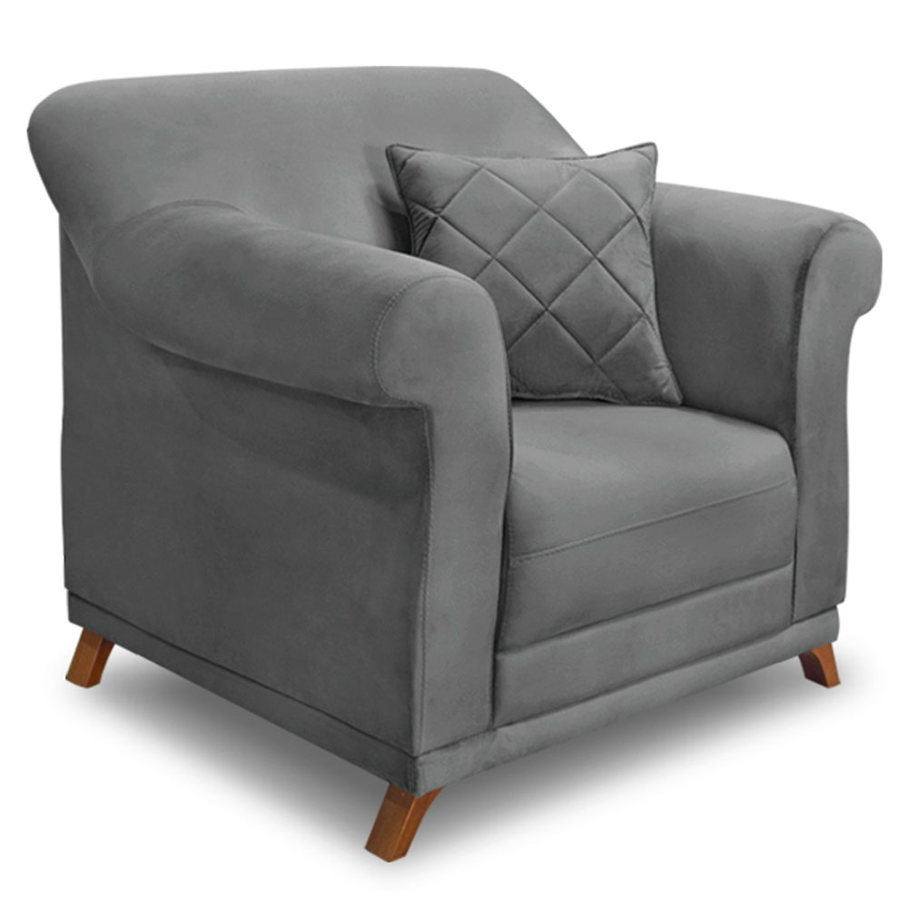 Kit 2 Poltronas e Sofá Living 2 Lugares 1,60m Vênus Veludo Cinza Grafite Pés Castanho - Pallazio
