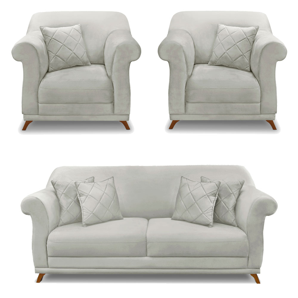 Kit 2 Poltronas e Sofá Living 2 Lugares 1,60m Vênus Veludo Cinza Prata Pés Castanho - Pallazio