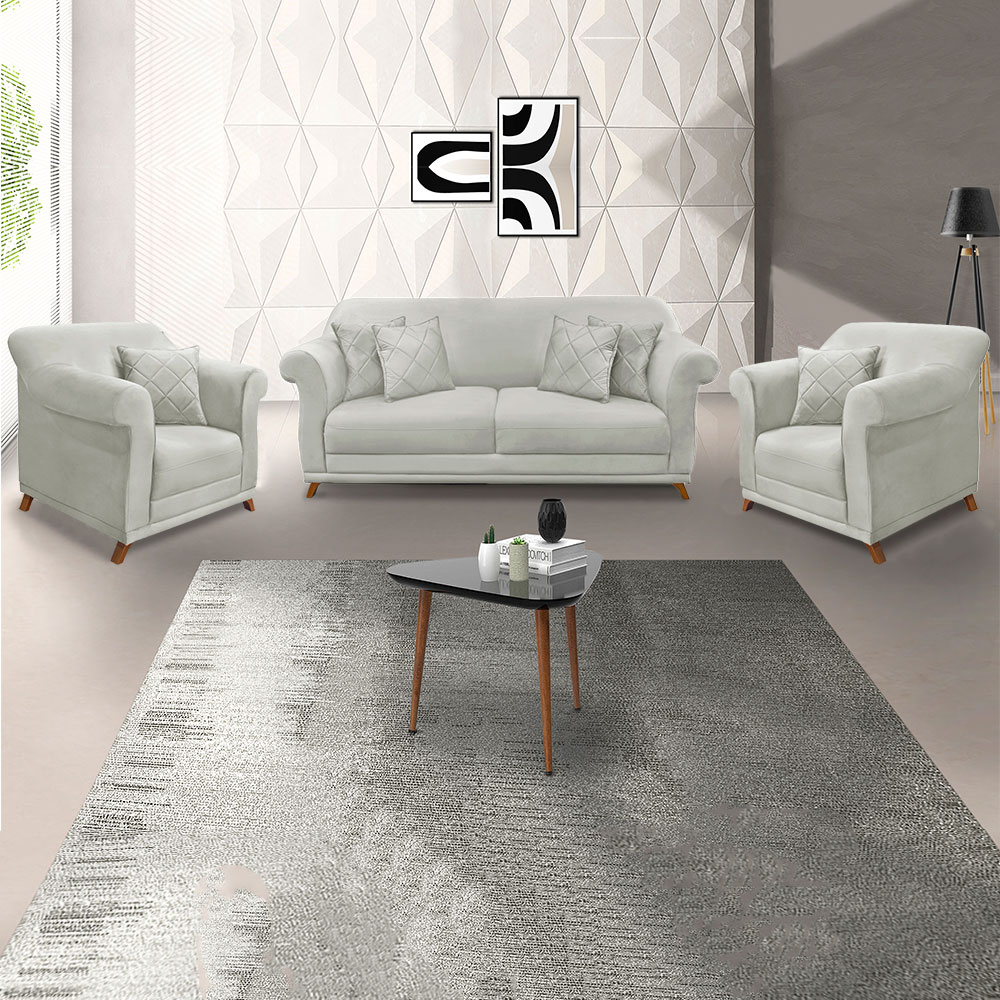 Kit 2 Poltronas e Sofá Living 2 Lugares 1,60m Vênus Veludo Cinza Prata Pés Castanho - Pallazio