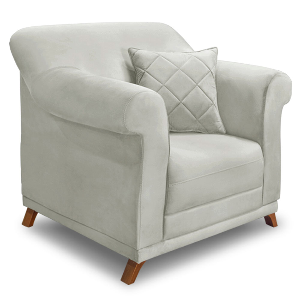 Kit 2 Poltronas e Sofá Living 2 Lugares 1,60m Vênus Veludo Cinza Prata Pés Castanho - Pallazio