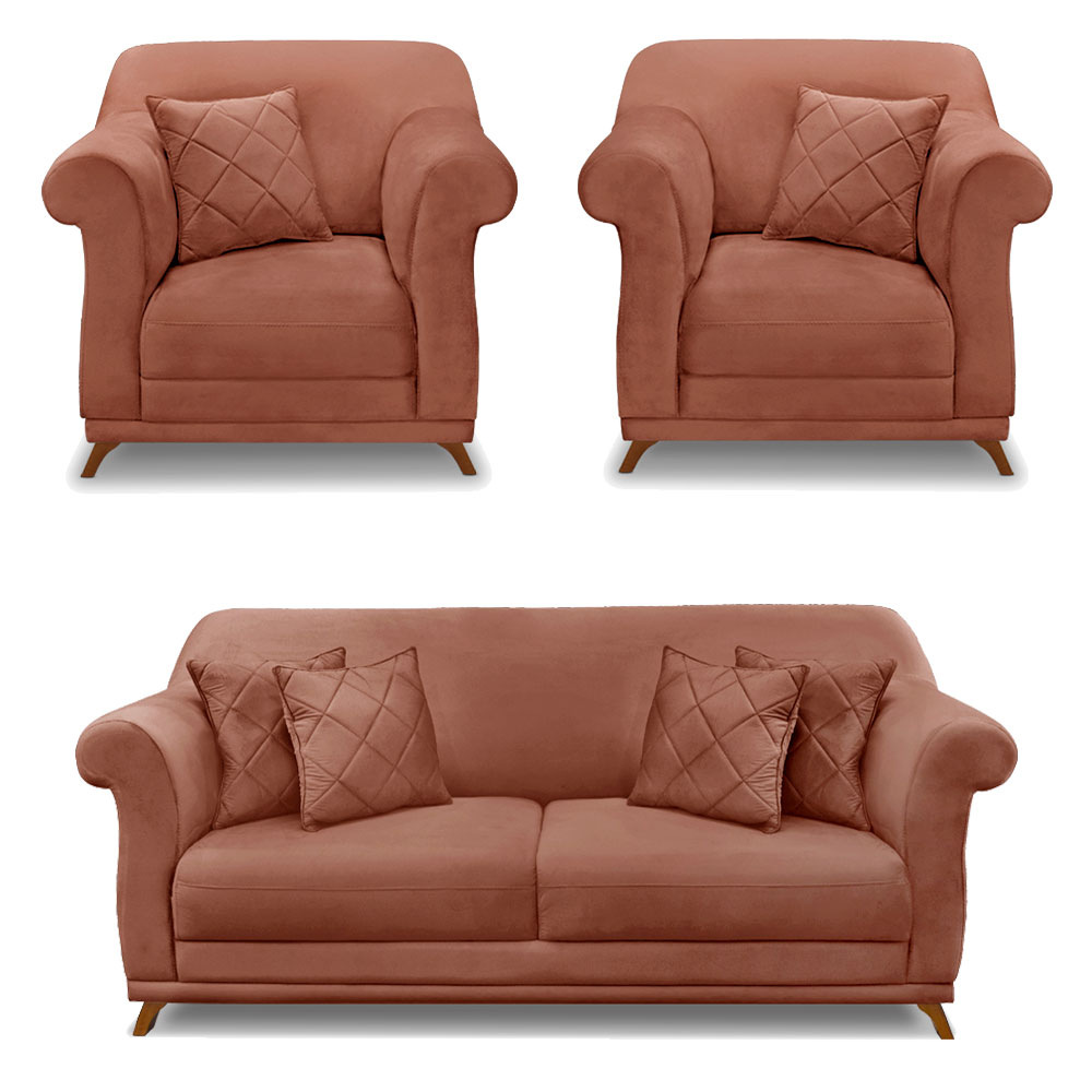 Kit 2 Poltronas e Sofá Living 2 Lugares 1,60m Vênus Veludo Cobre Pés Castanho - Pallazio