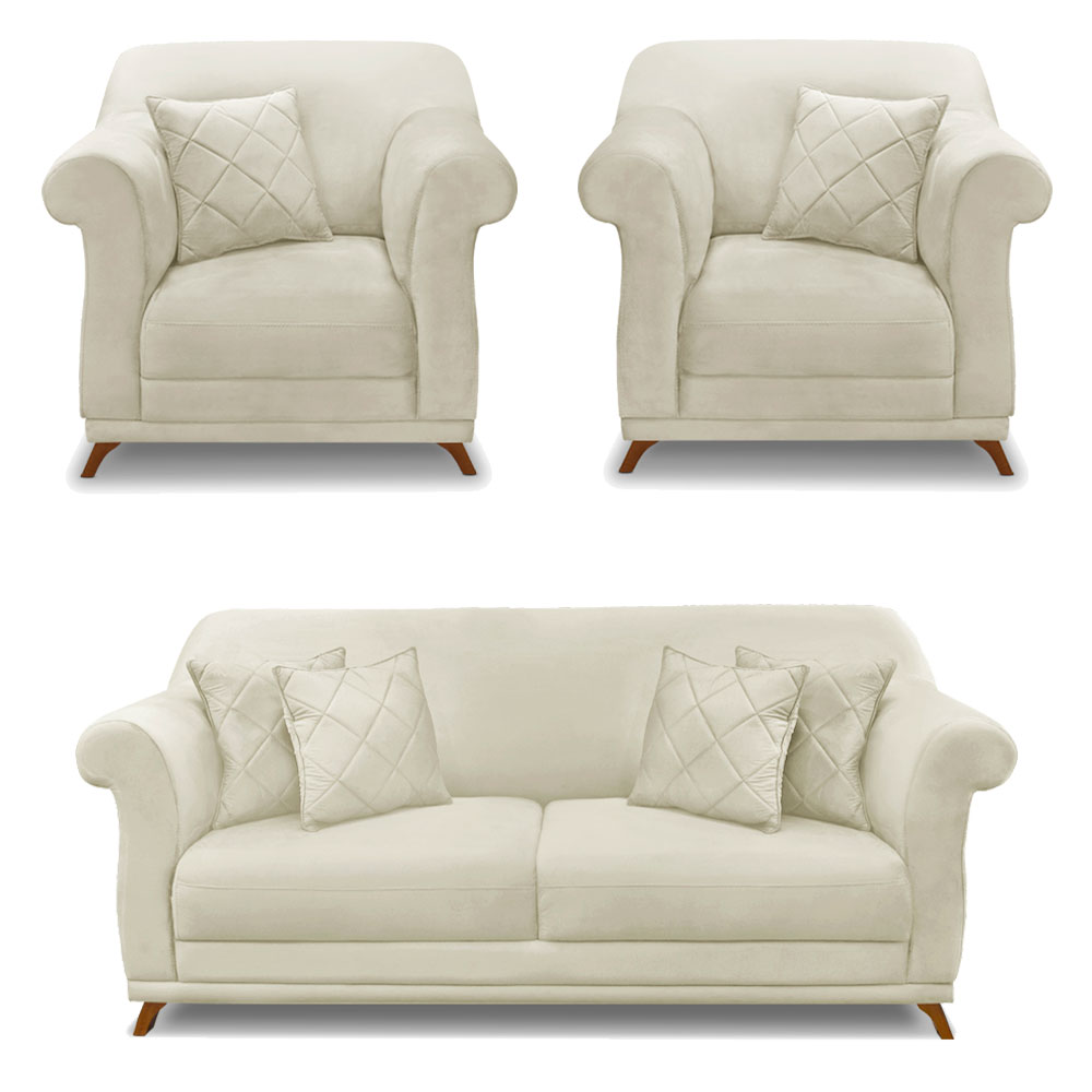 Kit 2 Poltronas e Sofá Living 2 Lugares 1,60m Vênus Veludo Pés Castanho - Pallazio