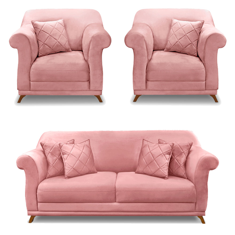 Kit 2 Poltronas e Sofá Living 2 Lugares 1,60m Vênus Veludo Rosa Pés Castanho - Pallazio