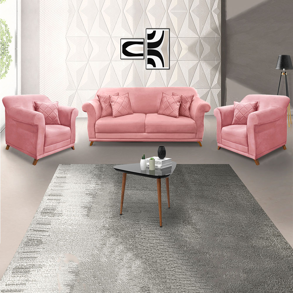 Kit 2 Poltronas e Sofá Living 2 Lugares 1,60m Vênus Veludo Rosa Pés Castanho - Pallazio
