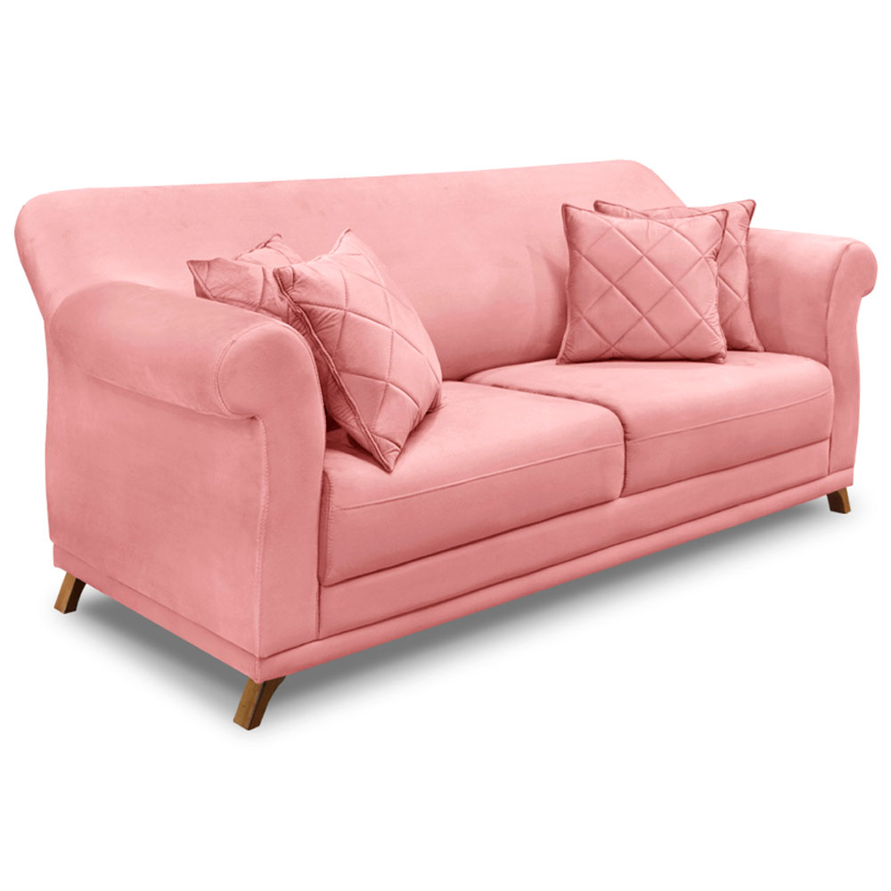 Kit 2 Poltronas e Sofá Living 2 Lugares 1,60m Vênus Veludo Rosa Pés Castanho - Pallazio