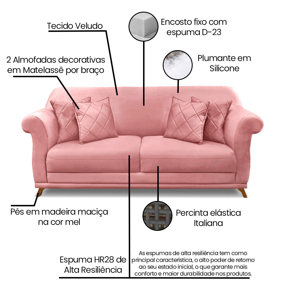Kit 2 Poltronas e Sofá Living 2 Lugares 1,60m Vênus Veludo Rosa Pés Castanho - Pallazio