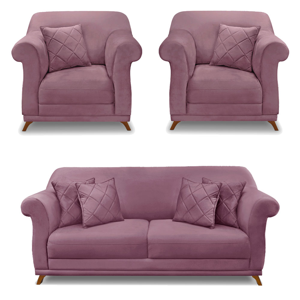 Kit 2 Poltronas e Sofá Living 2 Lugares 1,60m Vênus Veludo Uva Pés Castanho - Pallazio