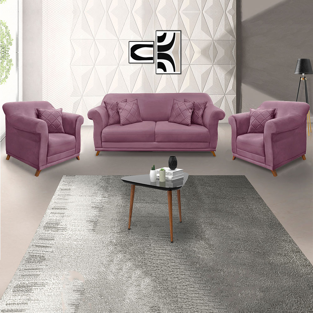 Kit 2 Poltronas e Sofá Living 2 Lugares 1,60m Vênus Veludo Uva Pés Castanho - Pallazio