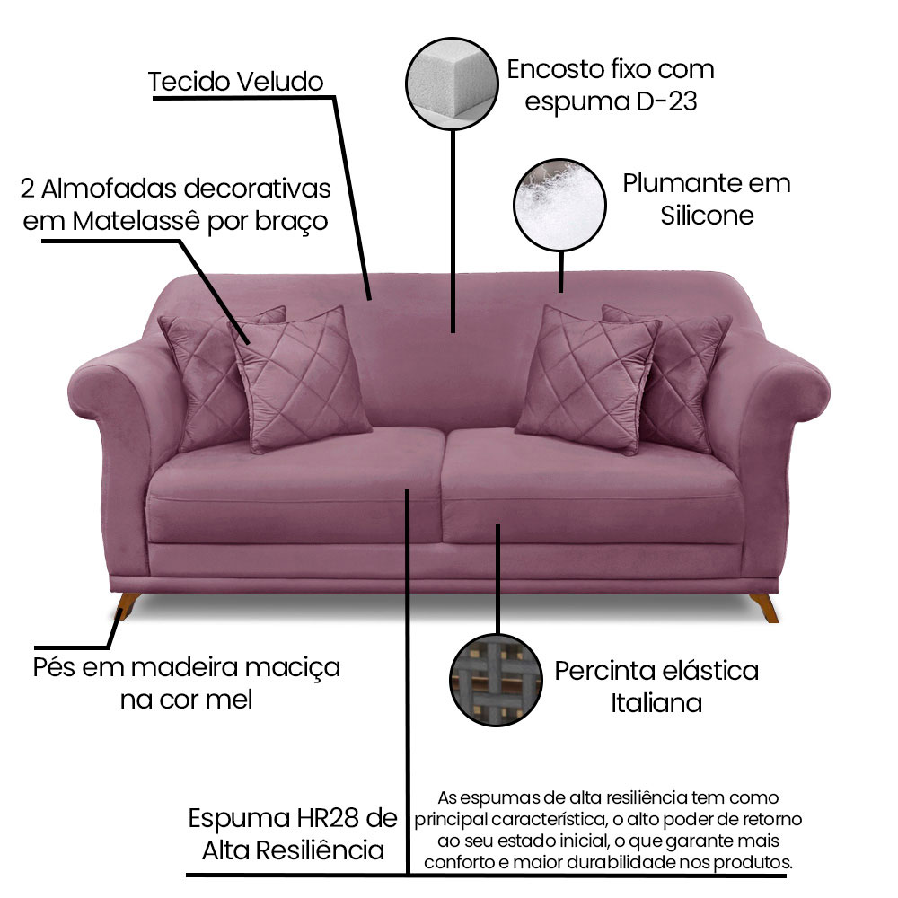 Kit 2 Poltronas e Sofá Living 2 Lugares 1,60m Vênus Veludo Uva Pés Castanho - Pallazio