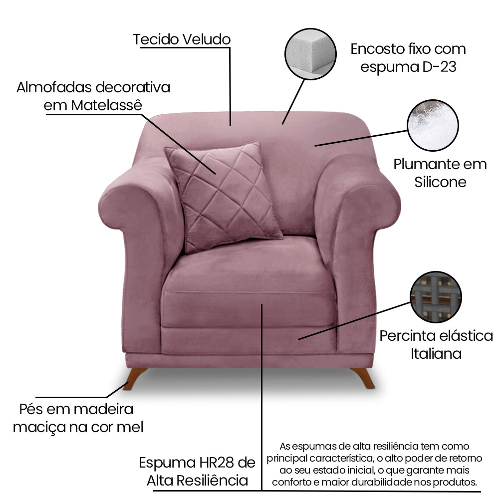 Kit 2 Poltronas e Sofá Living 2 Lugares 1,60m Vênus Veludo Uva Pés Castanho - Pallazio