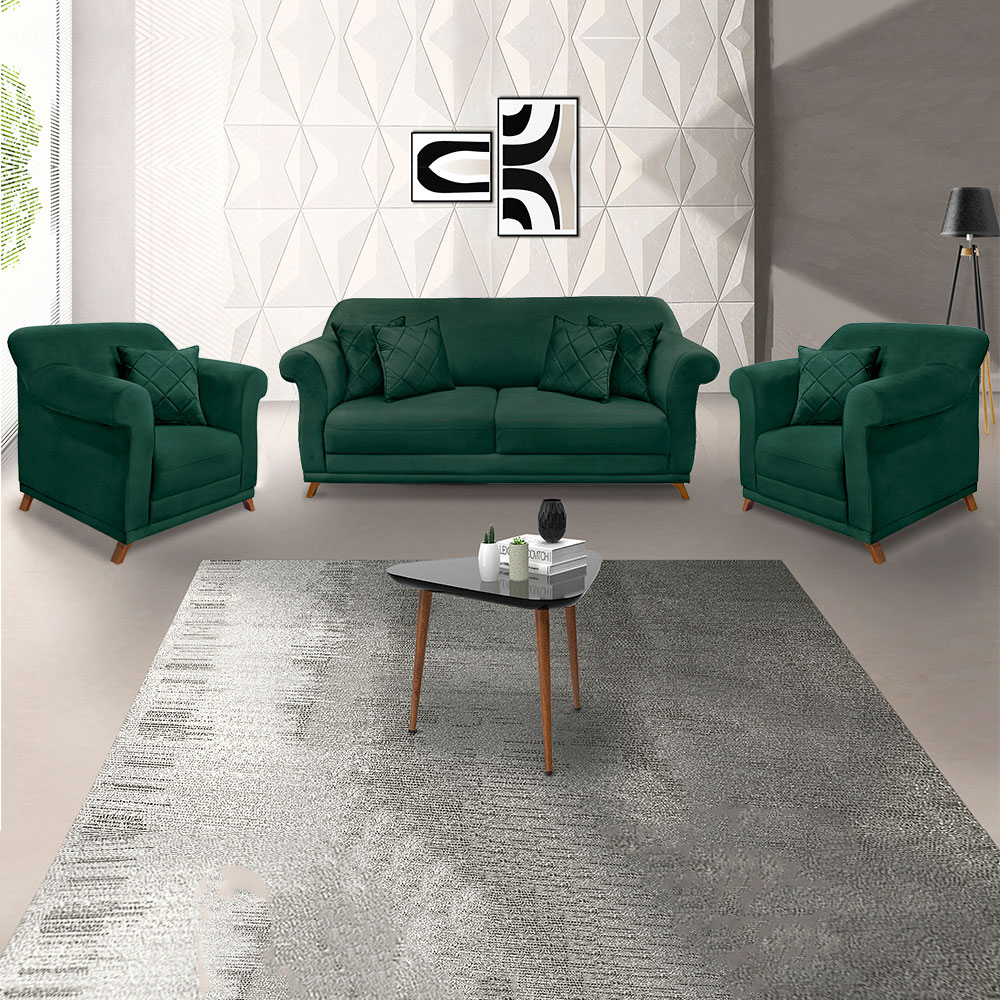 Kit 2 Poltronas e Sofá Living 2 Lugares 1,60m Vênus Veludo Verde Floresta Pés Castanho - Pallazio