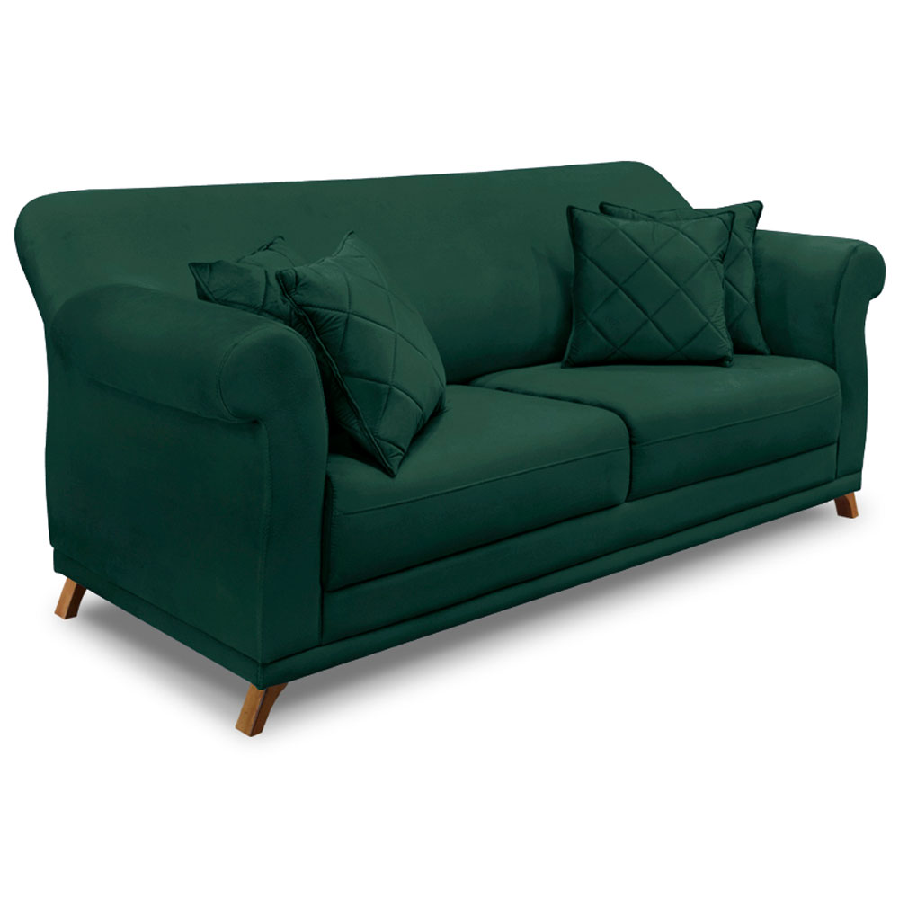 Kit 2 Poltronas e Sofá Living 2 Lugares 1,60m Vênus Veludo Verde Floresta Pés Castanho - Pallazio