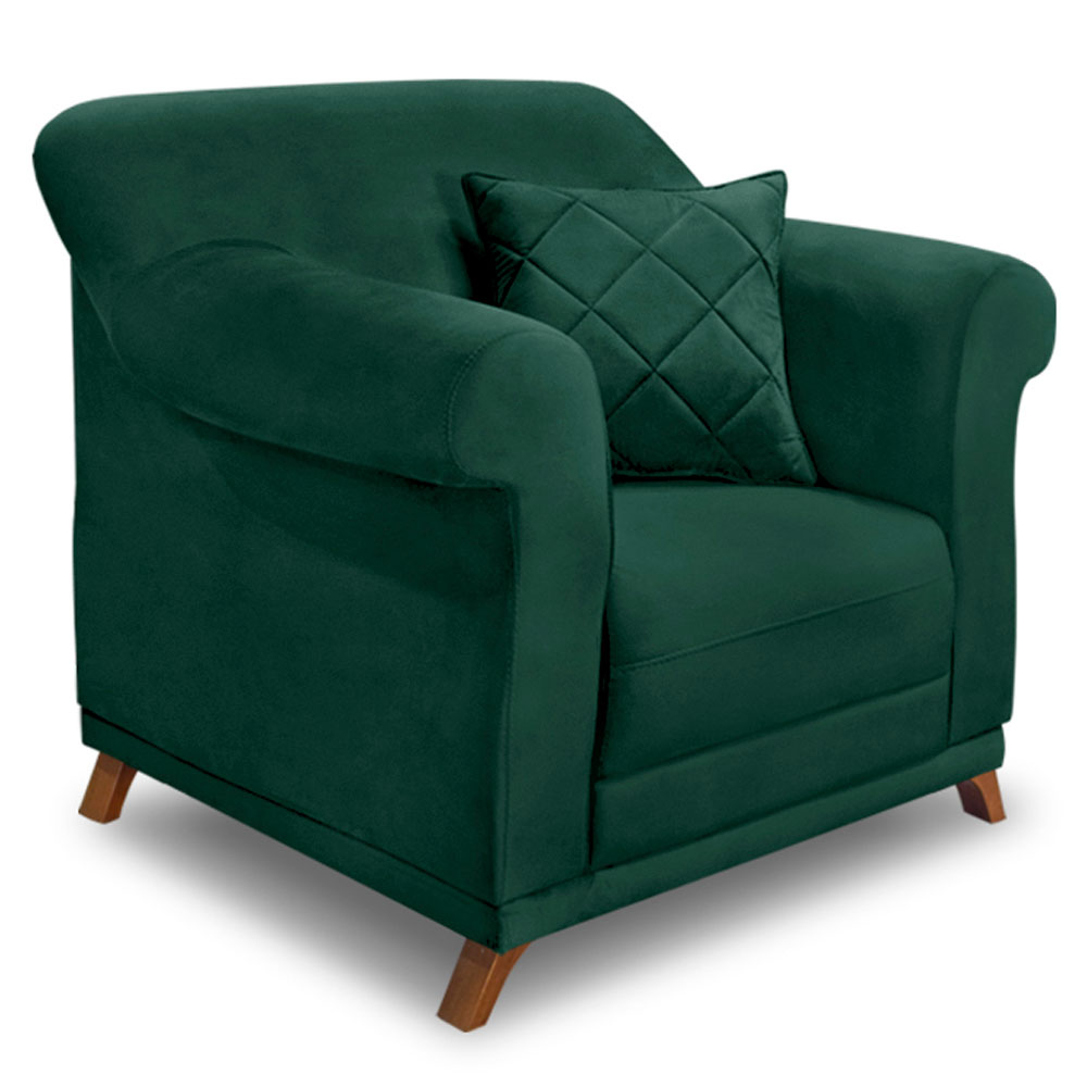 Kit 2 Poltronas e Sofá Living 2 Lugares 1,60m Vênus Veludo Verde Floresta Pés Castanho - Pallazio