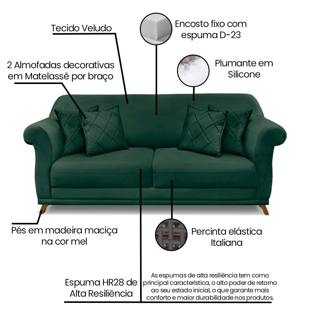 Kit 2 Poltronas e Sofá Living 2 Lugares 1,60m Vênus Veludo Verde Floresta Pés Castanho - Pallazio