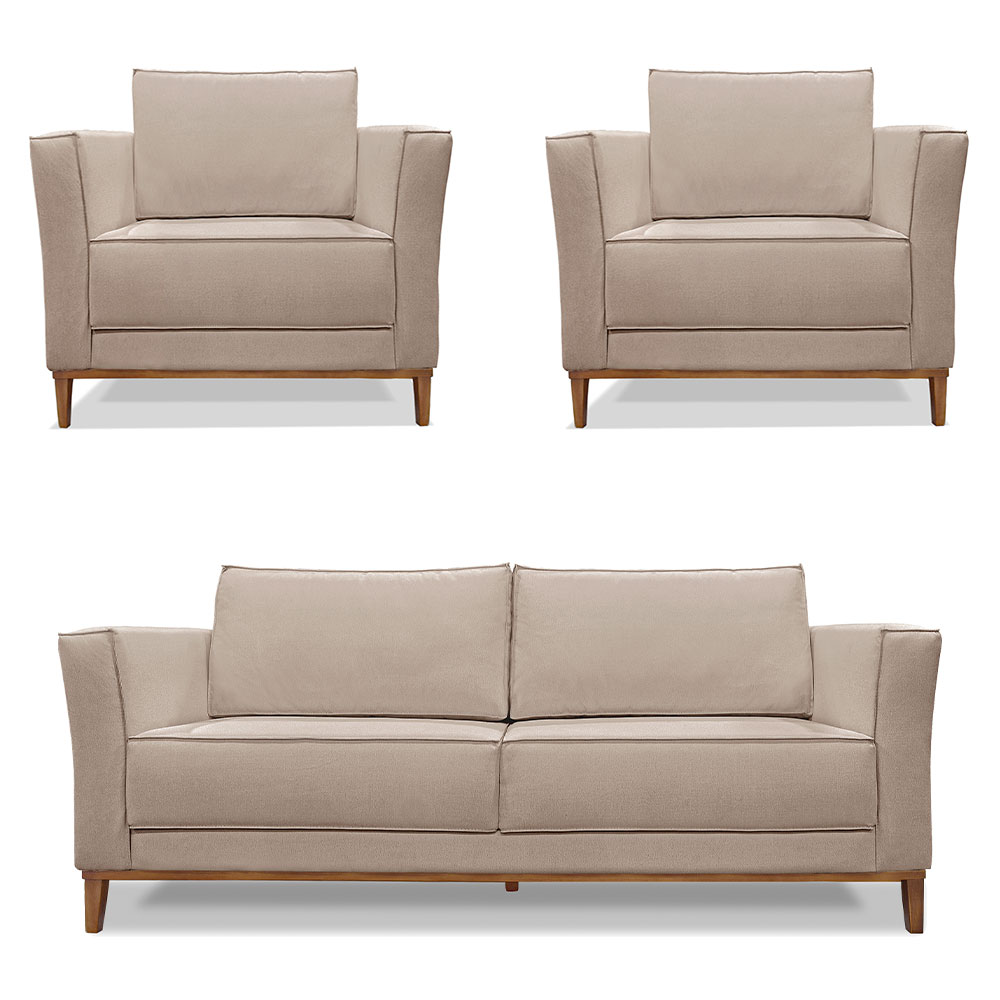 Kit 2 Poltronas e Sofá Living 2 Lugares 1,70m Vega Linho Areia Pés Castanho - Pallazio