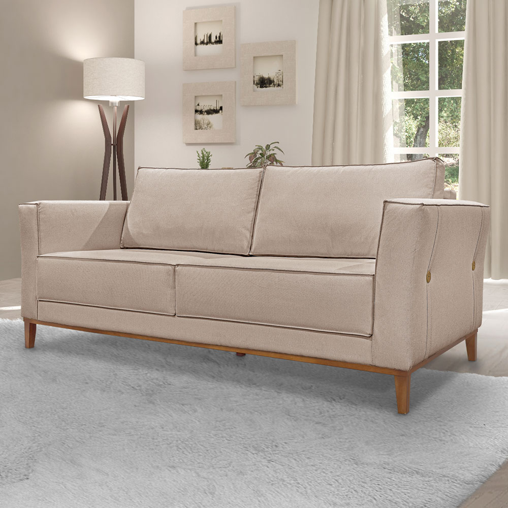 Kit 2 Poltronas e Sofá Living 2 Lugares 1,70m Vega Linho Areia Pés Castanho - Pallazio