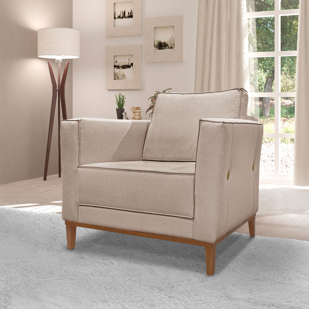 Kit 2 Poltronas e Sofá Living 2 Lugares 1,70m Vega Linho Areia Pés Castanho - Pallazio