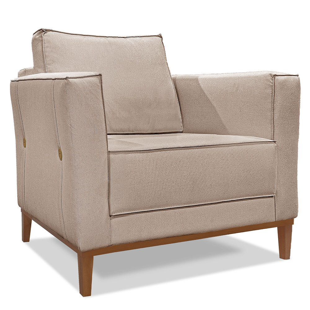 Kit 2 Poltronas e Sofá Living 2 Lugares 1,70m Vega Linho Areia Pés Castanho - Pallazio