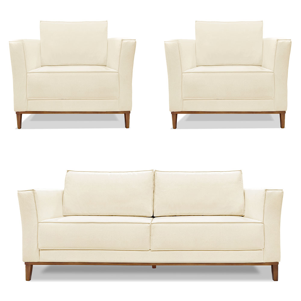 Kit 2 Poltronas e Sofá Living 2 Lugares 1,70m Vega Linho Bege Pés Castanho - Pallazio