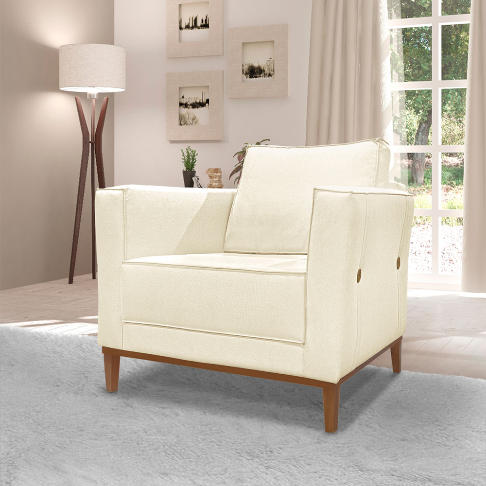 Kit 2 Poltronas e Sofá Living 2 Lugares 1,70m Vega Linho Bege Pés Castanho - Pallazio
