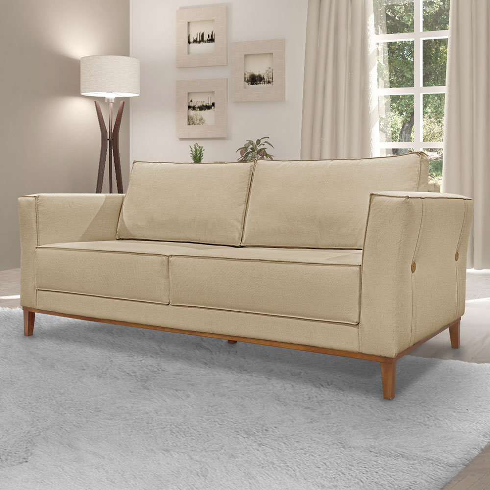 Kit 2 Poltronas e Sofá Living 2 Lugares 1,70m Vega Linho Dourado Pés Castanho - Pallazio
