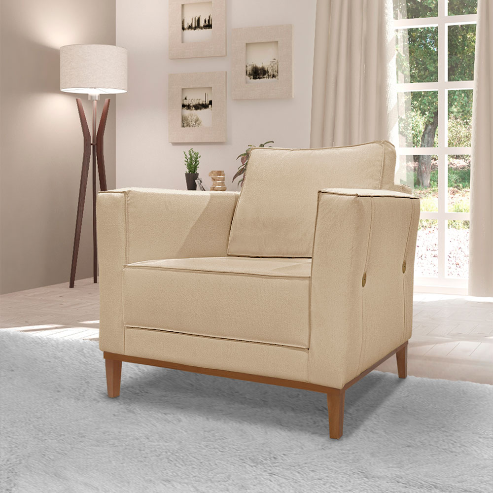 Kit 2 Poltronas e Sofá Living 2 Lugares 1,70m Vega Linho Dourado Pés Castanho - Pallazio