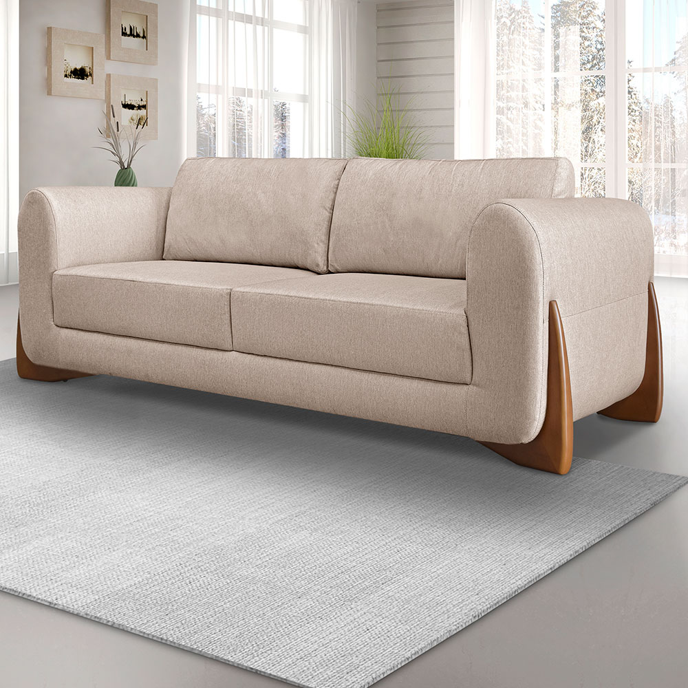 Kit 2 Poltronas e Sofá Living 2 Lugares 1,80m Lottus Linho Areia Pés Castanho - Pallazio