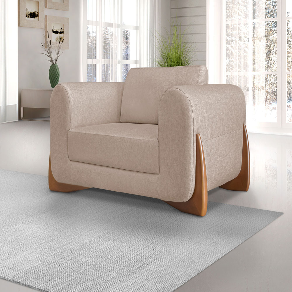 Kit 2 Poltronas e Sofá Living 2 Lugares 1,80m Lottus Linho Areia Pés Castanho - Pallazio