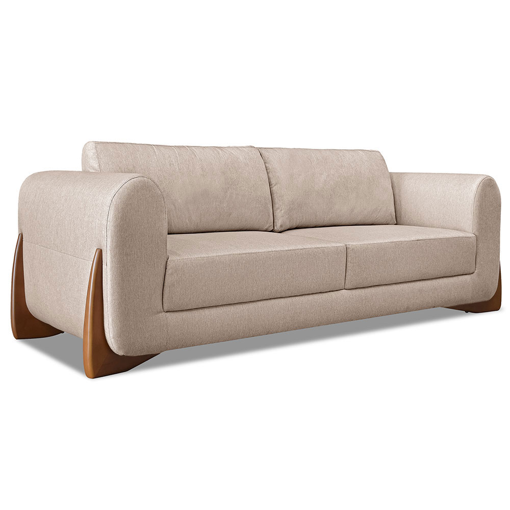 Kit 2 Poltronas e Sofá Living 2 Lugares 1,80m Lottus Linho Areia Pés Castanho - Pallazio