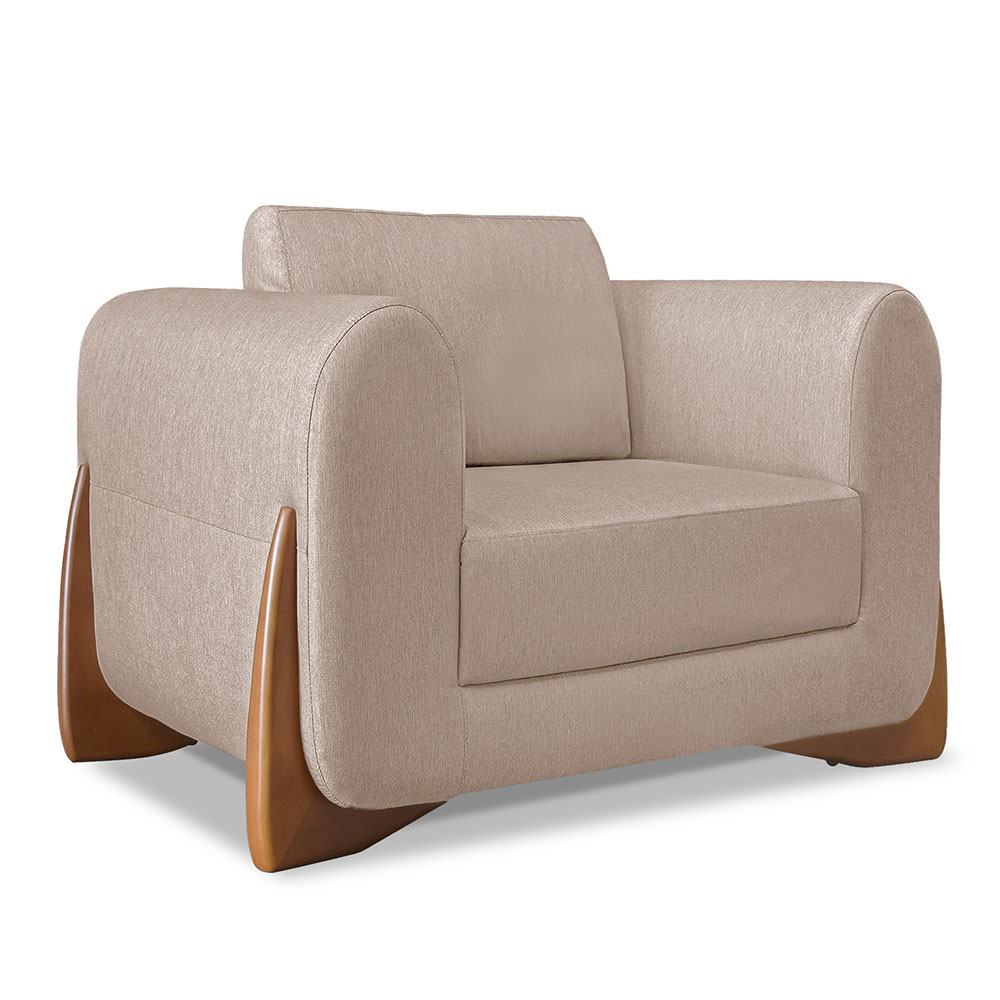 Kit 2 Poltronas e Sofá Living 2 Lugares 1,80m Lottus Linho Areia Pés Castanho - Pallazio